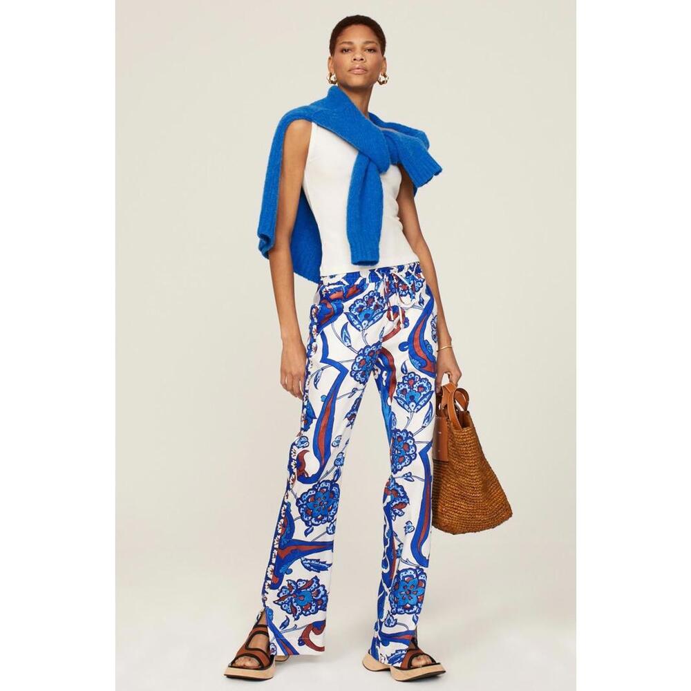 Derek Lam 10 Crosby Blue Floral Twill Jamila Pants Size 8 with Fabric Pulls